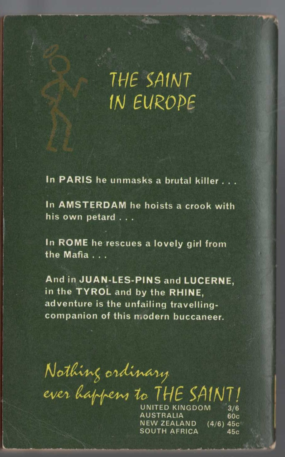Leslie Charteris  THE SAINT IN EUROPE magnified rear book cover image
