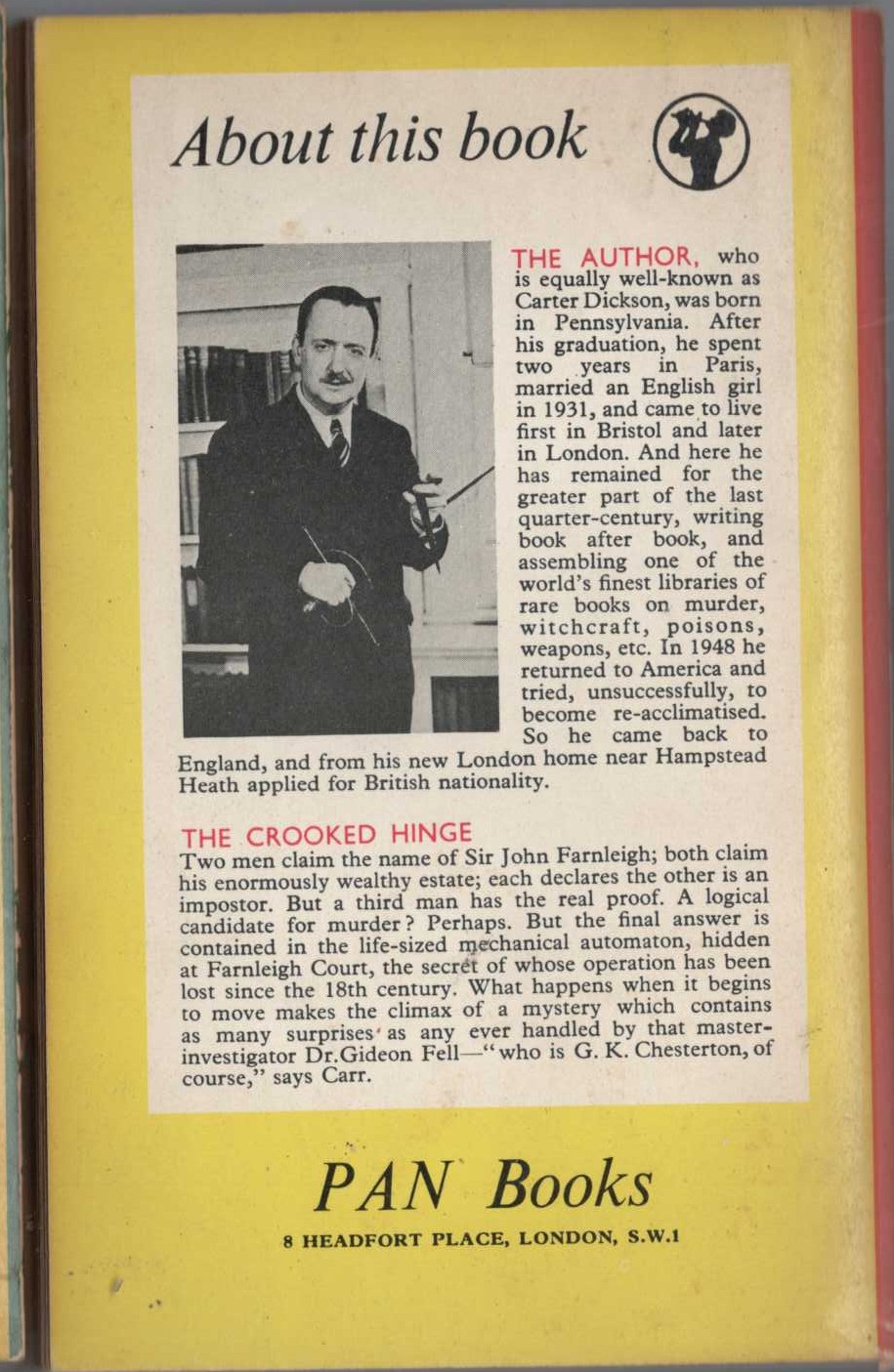 John Dickson Carr  THE CROOKED HINGE magnified rear book cover image
