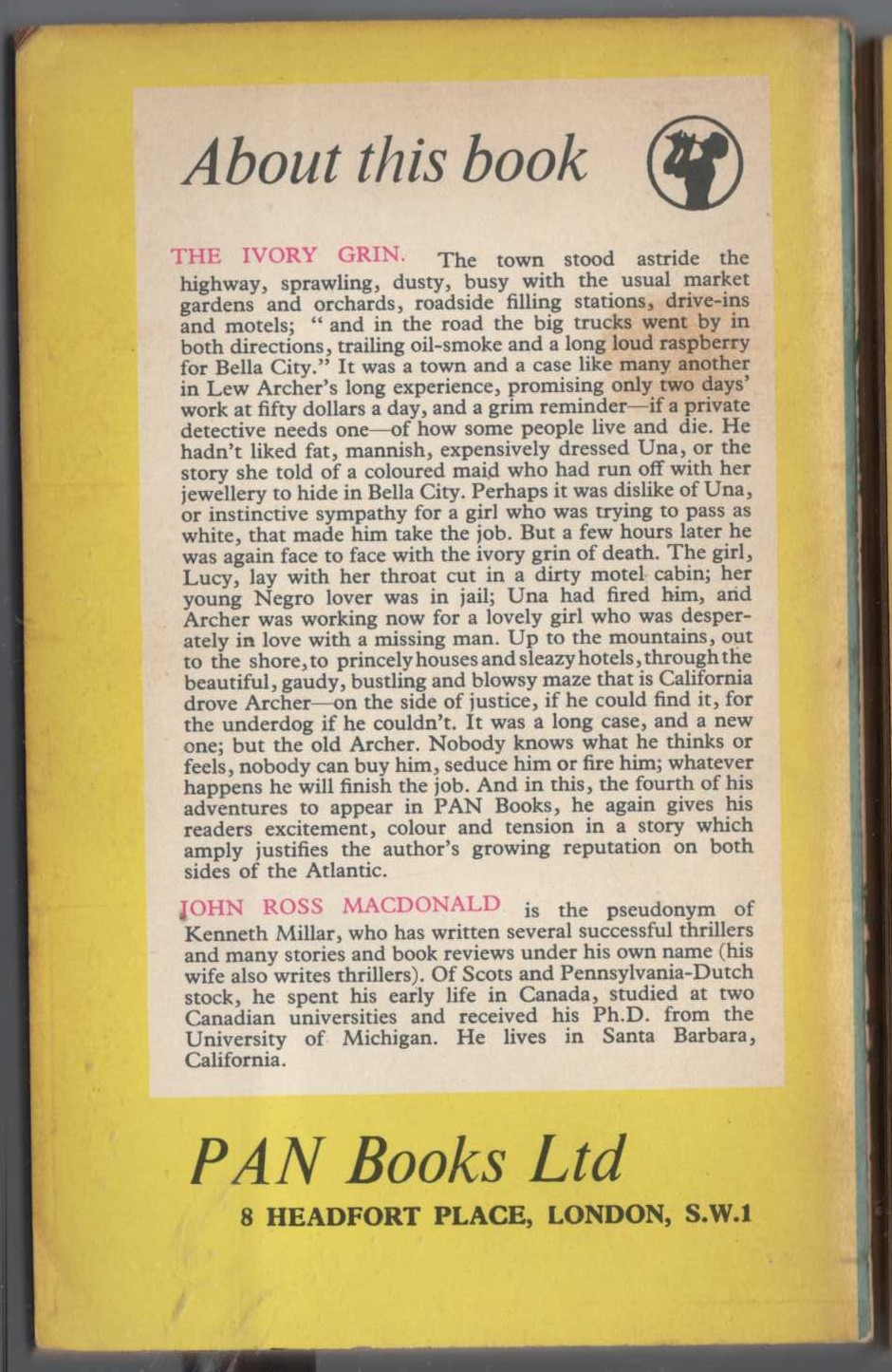 John Ross Macdonald  THE IVORY GRIN magnified rear book cover image