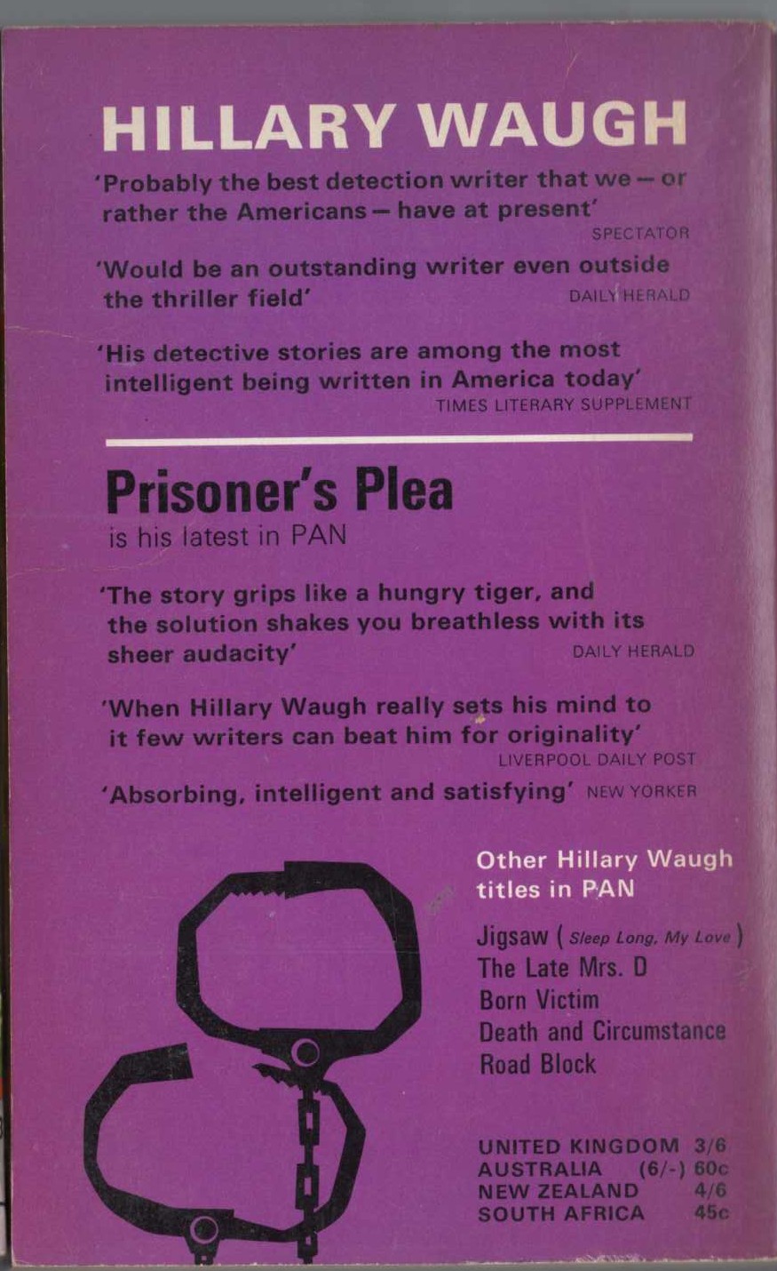 Hillary Waugh  PRISONER'S PLEA magnified rear book cover image