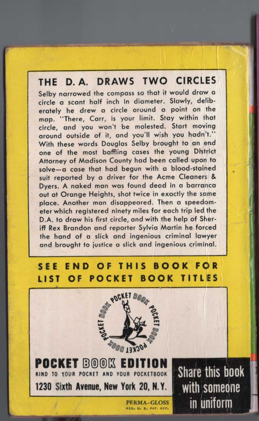 Erle Stanley Gardner  THE D.A. DRAWS A CIRCLE magnified rear book cover image