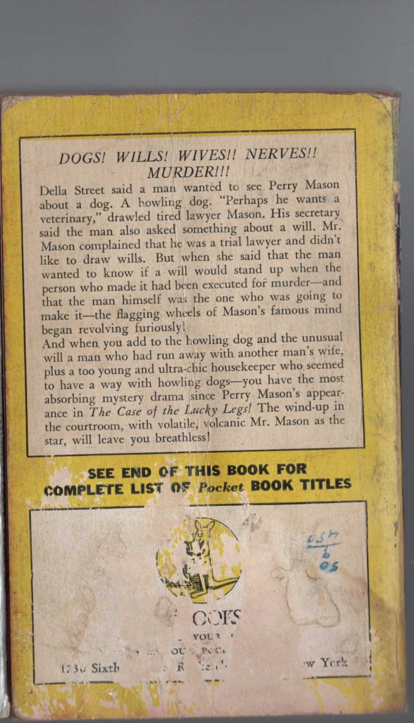 Erle Stanley Gardner  THE CASE OF THE HOWLING DOG magnified rear book cover image