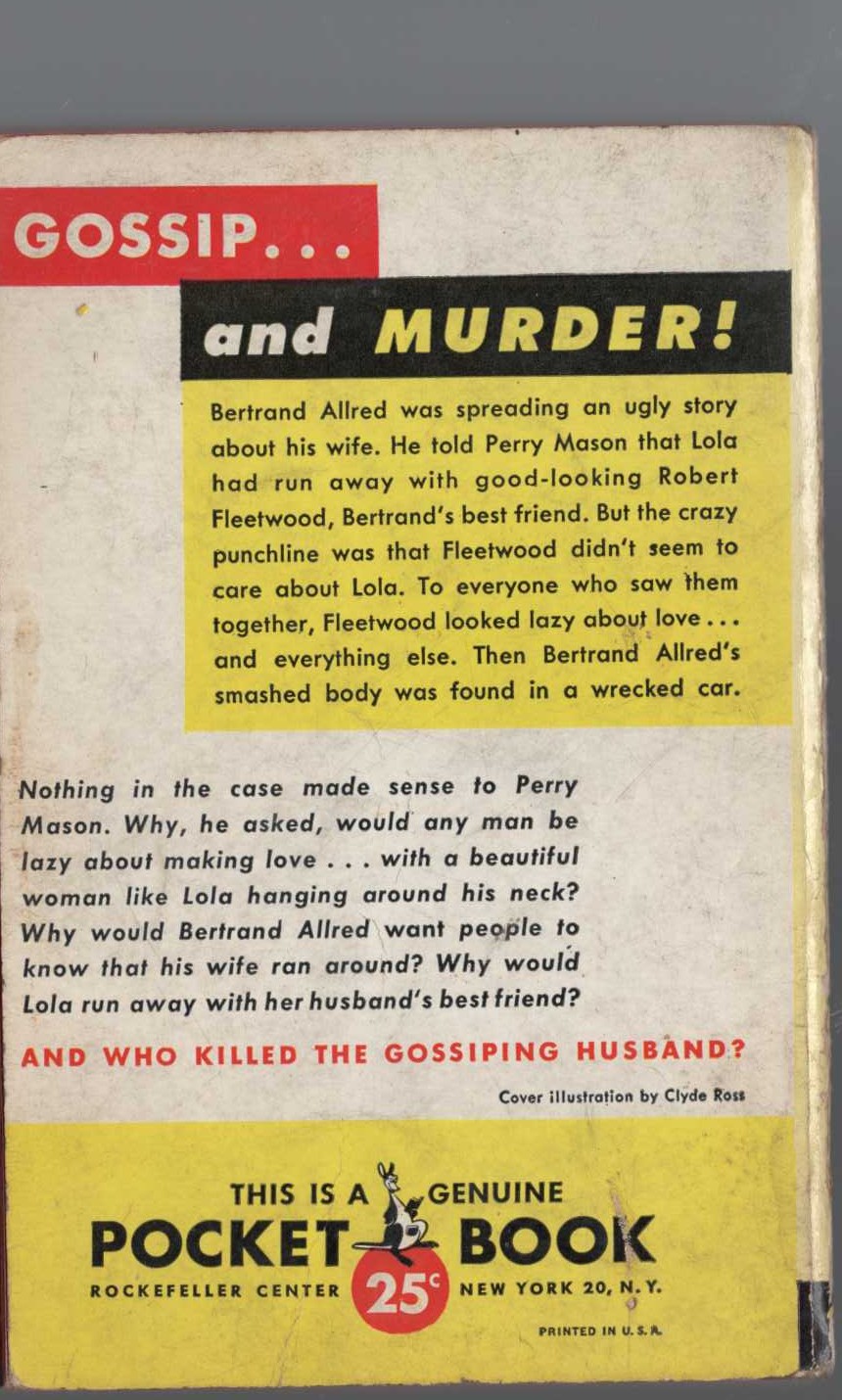 Erle Stanley Gardner  THE CASE OF THE LAZY LOVER magnified rear book cover image