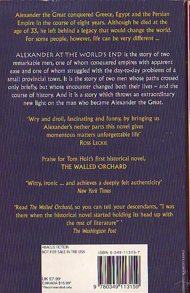 Tom Holt  ALEXANDER AT THE WORLD'S END magnified rear book cover image