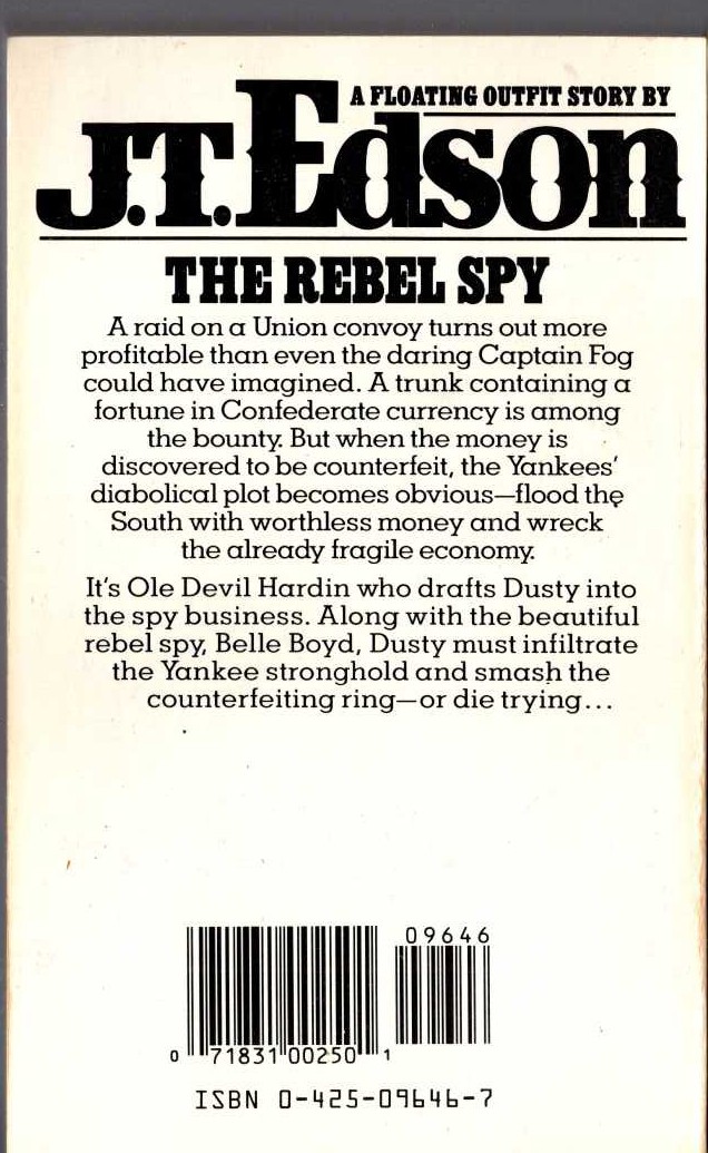 J.T. Edson  THE REBEL SPY magnified rear book cover image