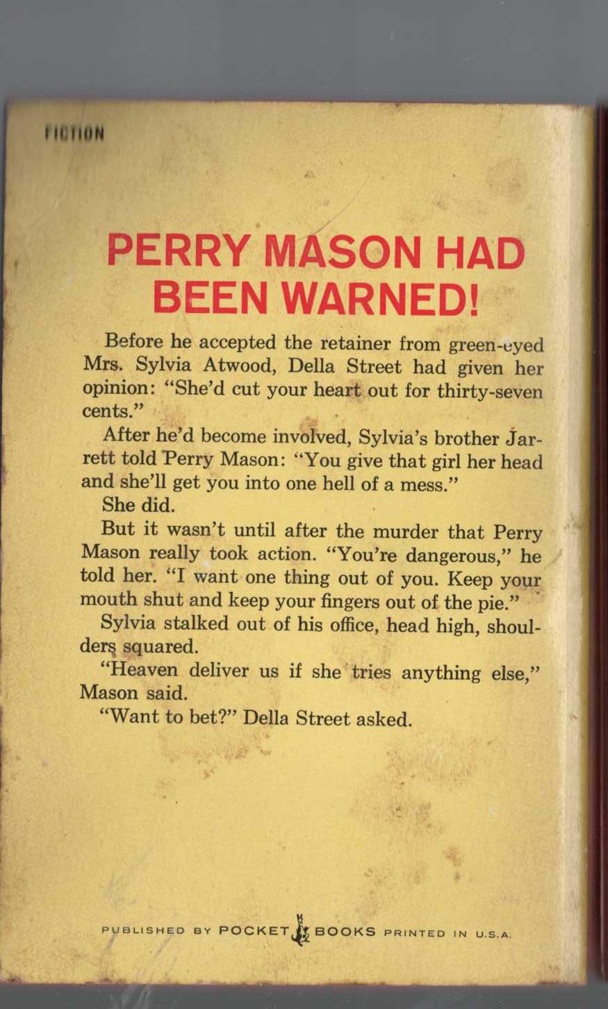 Erle Stanley Gardner  THE CASE OF THE GREEN-EYED SISTER magnified rear book cover image