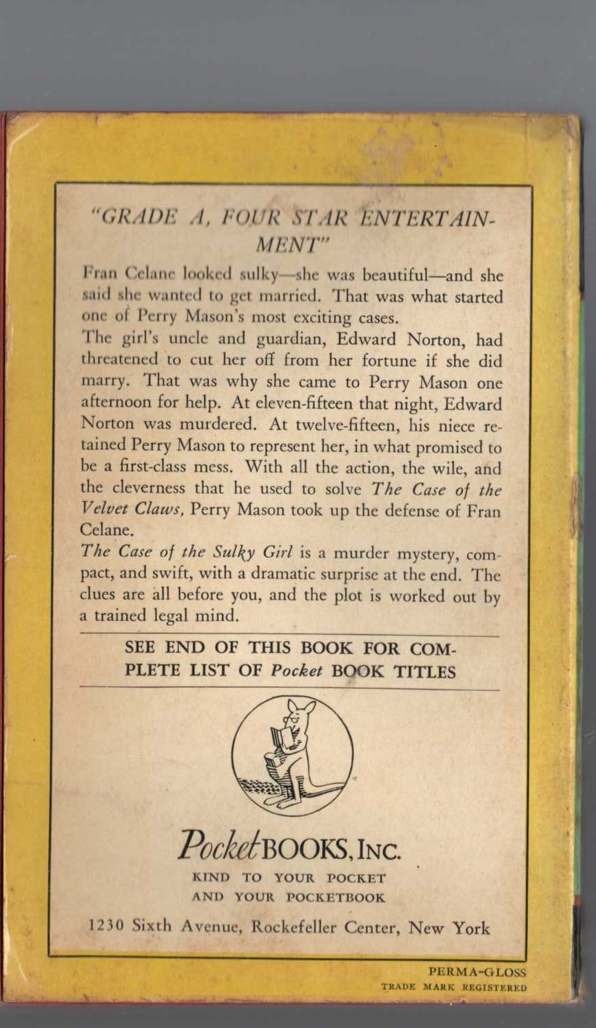 Erle Stanley Gardner  THE CASE OF THE SULKY GIRL magnified rear book cover image