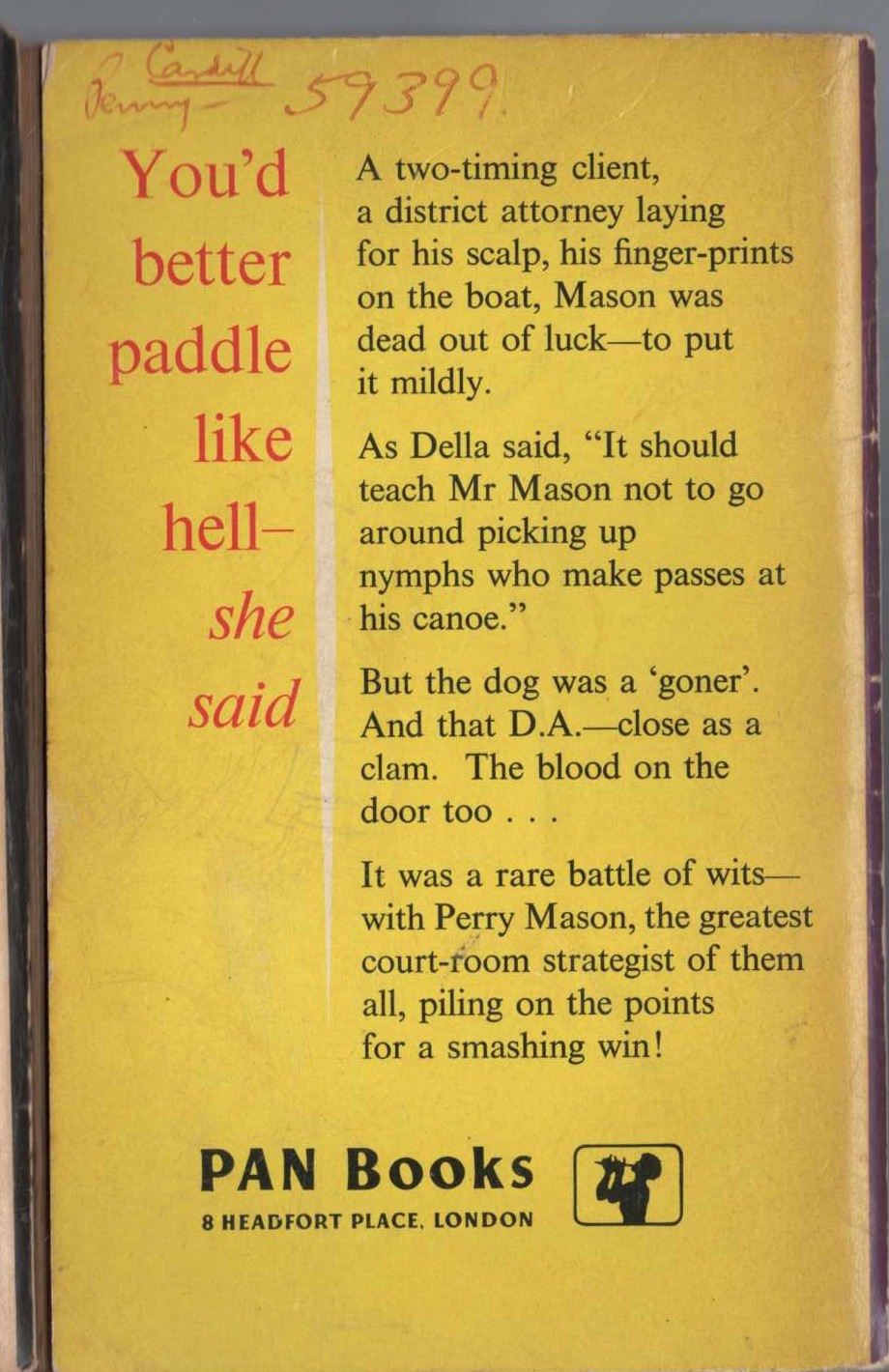 Erle Stanley Gardner  THE CASE OF THE NEGLIGENT NYMPH magnified rear book cover image