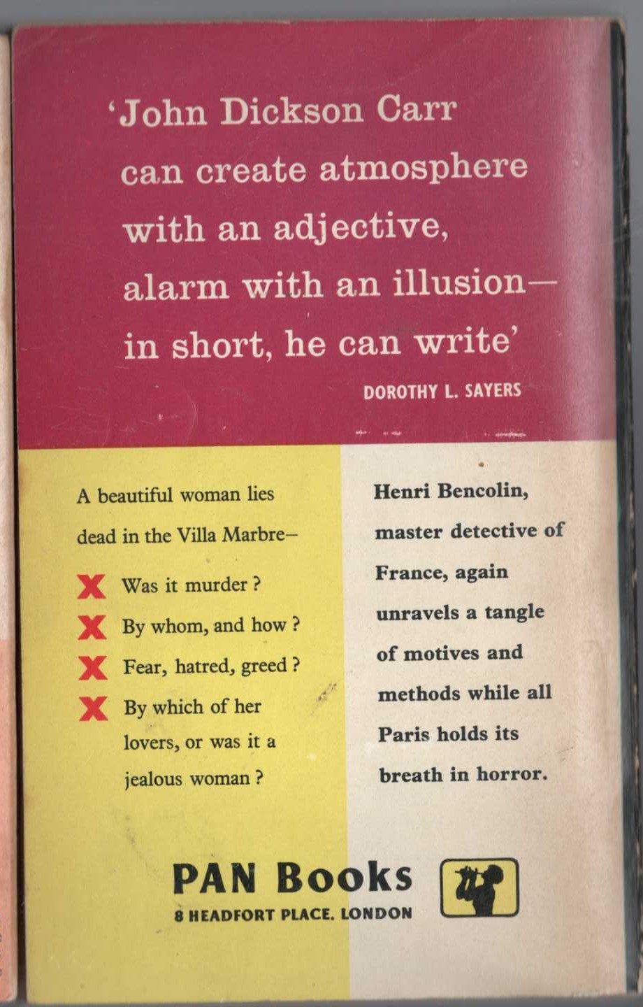 John Dickson Carr  THE FOUR FALSE WEAPONS magnified rear book cover image