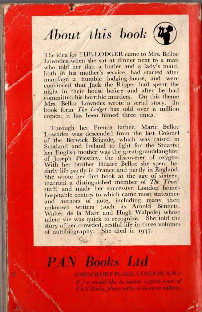M.Belloc Lowndes  THE LODGER magnified rear book cover image