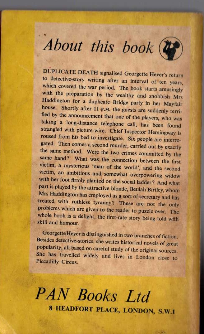 Georgette Heyer  DUPLICATE DEATH magnified rear book cover image