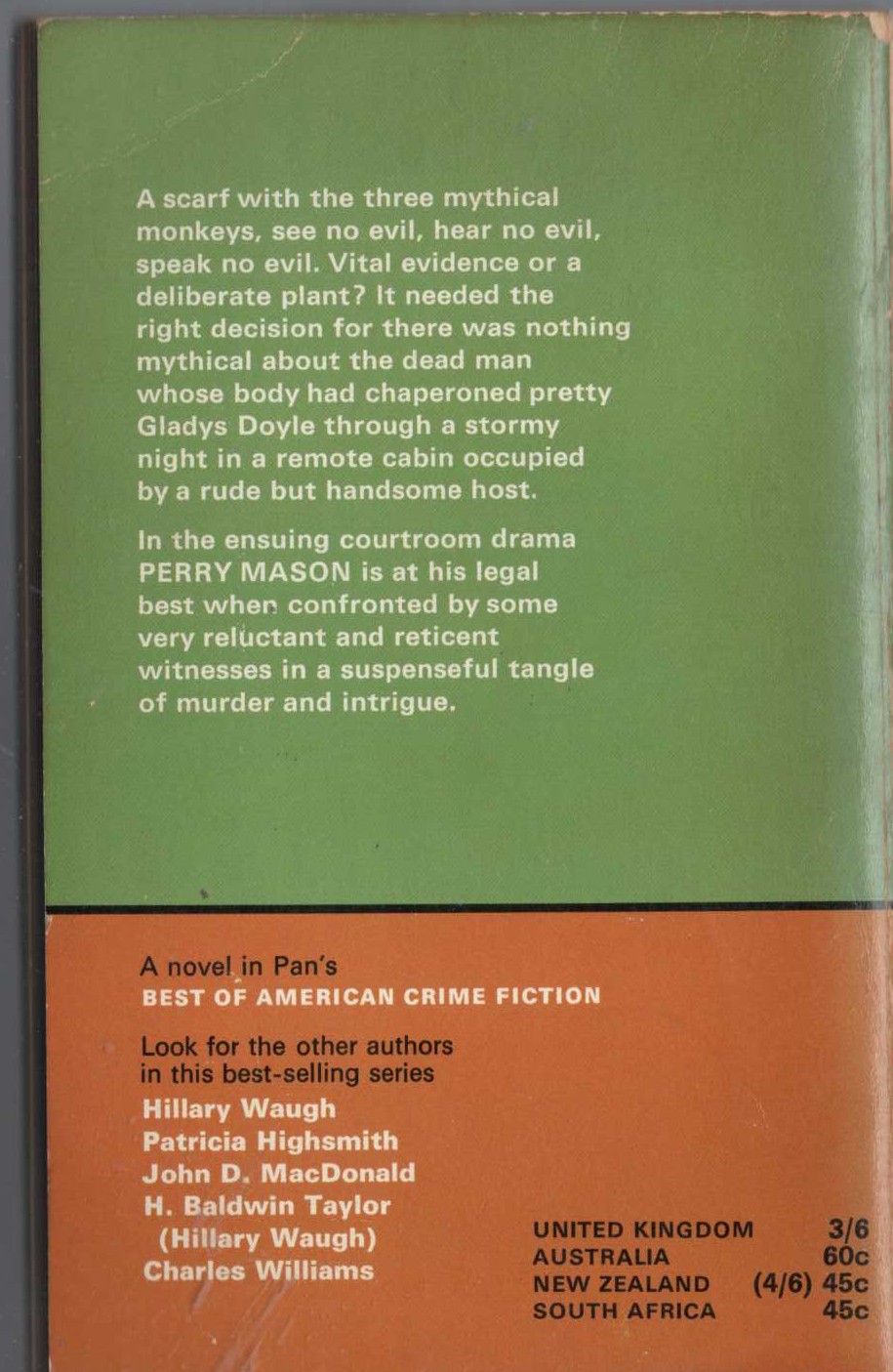 Erle Stanley Gardner  THE CASE OF THE MYTHICAL MONKEYS magnified rear book cover image