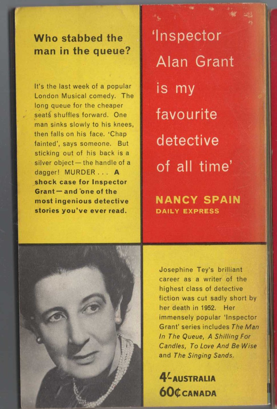 Josephine Tey  THE MAN IN THE QUEUE magnified rear book cover image