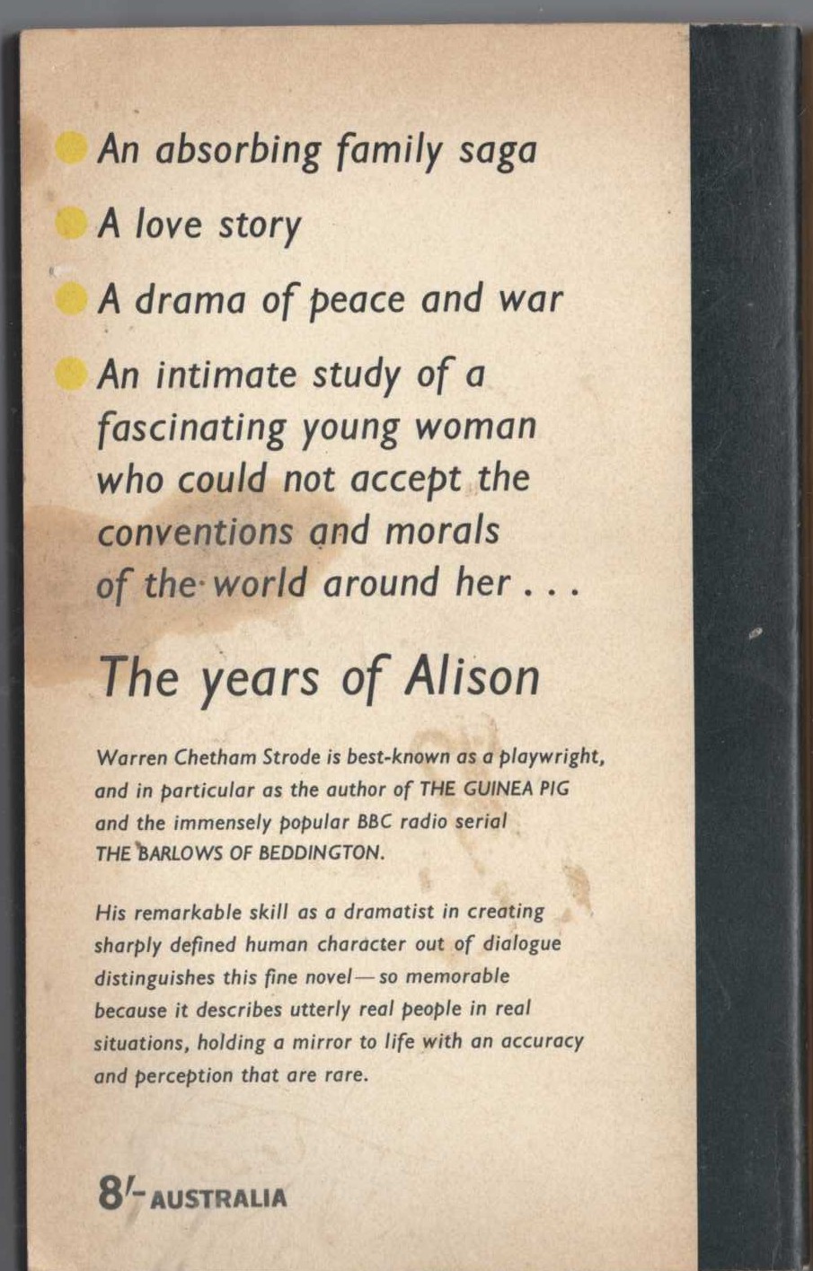 Warren Chetham Strode  THE YEARS OF ALISON magnified rear book cover image