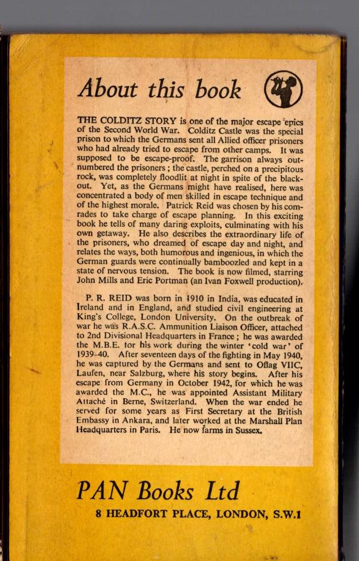 P.R. Reid  THE COLDITZ STORY magnified rear book cover image