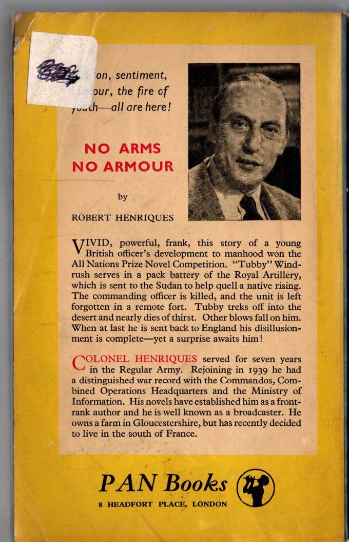Robert Henriques  NO ARMS NO ARMOUR magnified rear book cover image