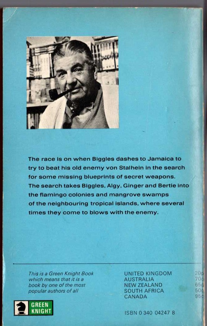 Captain W.E. Johns  BIGGLES IN THE BLUE magnified rear book cover image