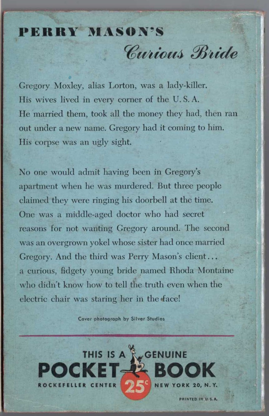 Erle Stanley Gardner  THE CASE OF THE CURIOUS BRIDE magnified rear book cover image