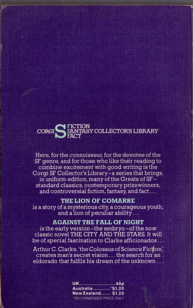 Arthur C. Clarke  THE LION OF COMARRE & AGAINST THE FALL OF NIGHT magnified rear book cover image