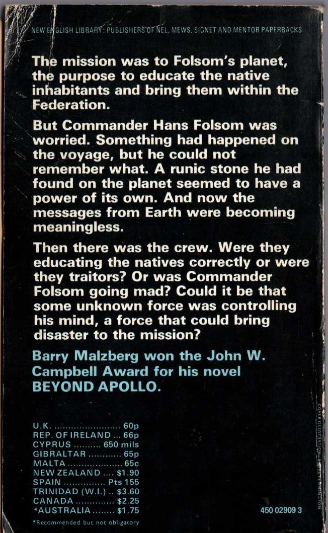 Barry Malzberg  ON A PLANET ALIEN magnified rear book cover image