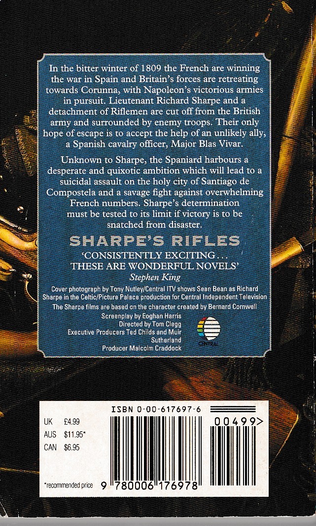 Bernard Cornwell  SHARPE'S RIFLES (TV tie-in: Sean Bean) magnified rear book cover image