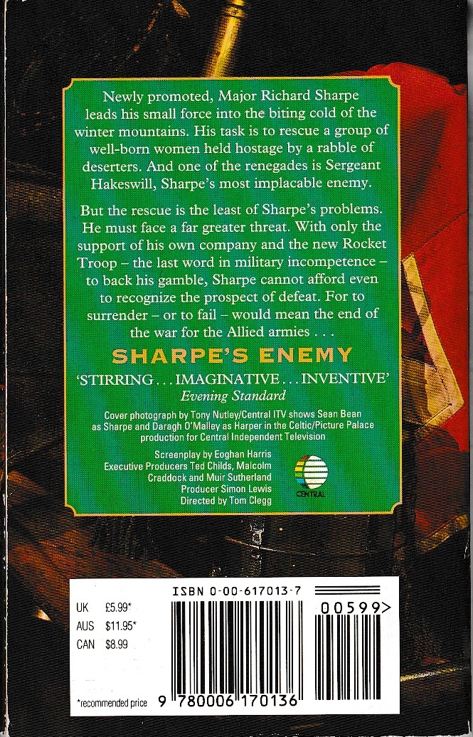 Bernard Cornwell  SHARPE'S ENEMY (TV tie-in: Sean Bean) magnified rear book cover image