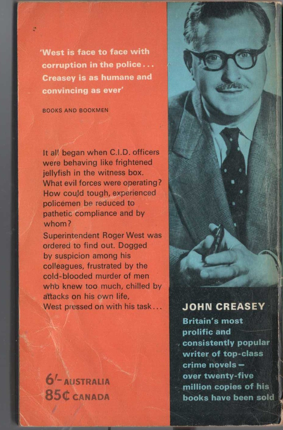 John Creasey  POLICEMAN'S DREAD (Roger West) magnified rear book cover image