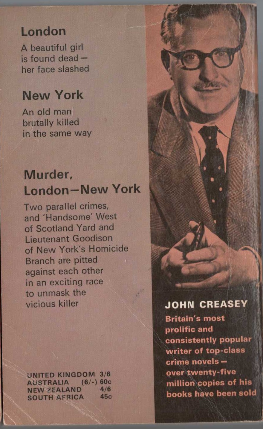 John Creasey  MURDER, LONDON -NEW YORK (Roger West) magnified rear book cover image