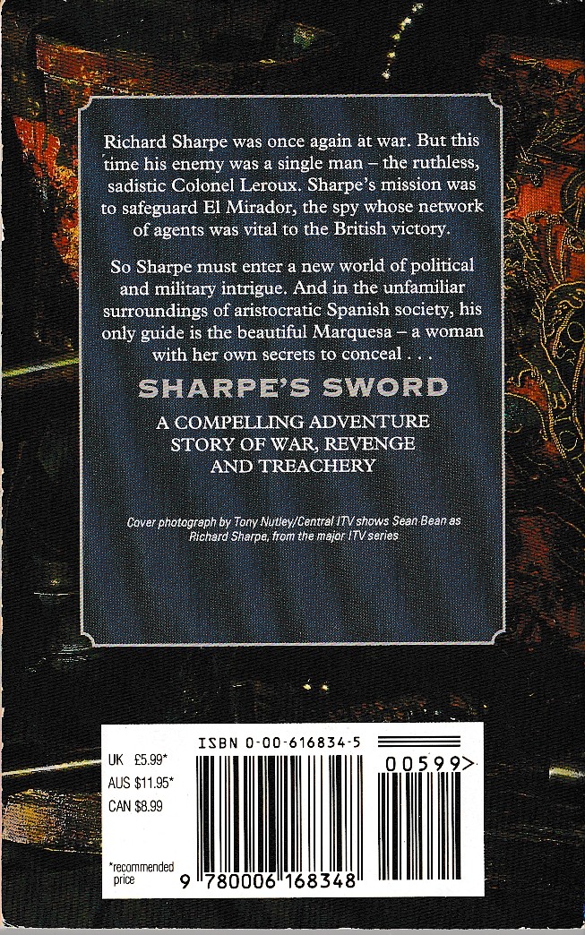Bernard Cornwell  SHARPE'S SWORD (TV tie-in: Sean Bean) magnified rear book cover image