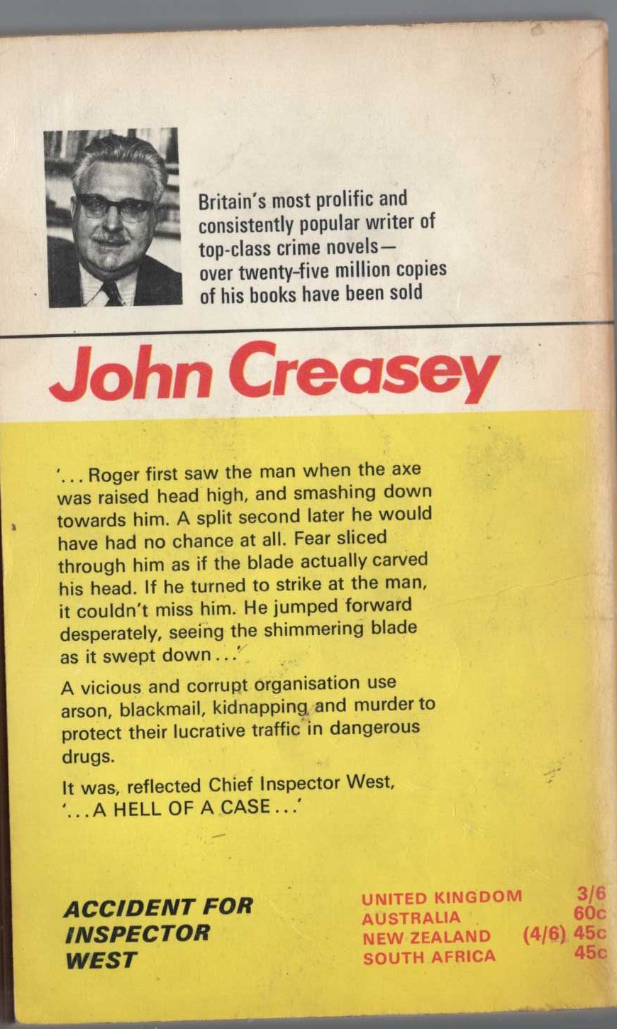 John Creasey  ACCIDENT FOR INSPECTOR WEST magnified rear book cover image