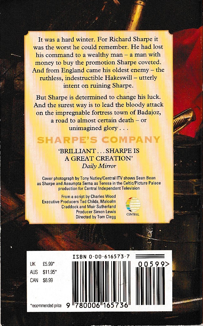 Bernard Cornwell  SHARPE'S COMPANY (TV tie-in: Sean Bean) magnified rear book cover image