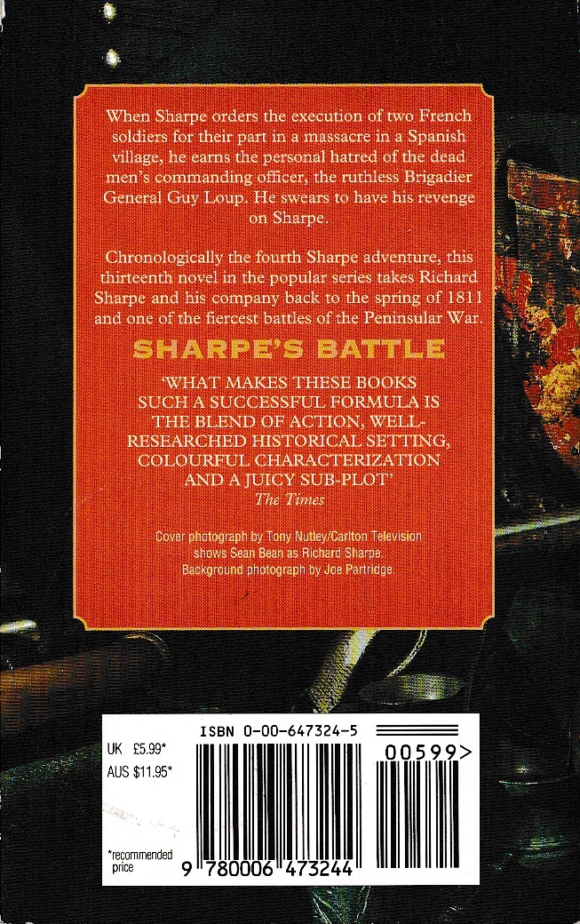 Bernard Cornwell  SHARPE'S BATTLE (TV tie-in: Sean Bean) magnified rear book cover image