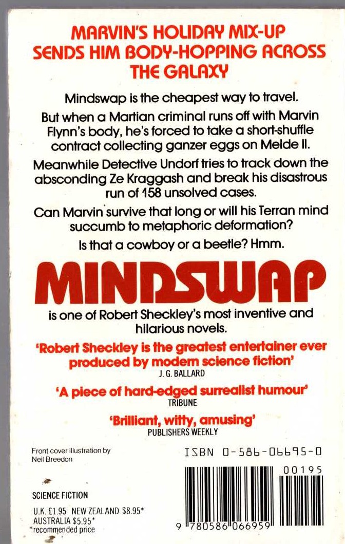Robert Sheckley  MINDSWAP magnified rear book cover image