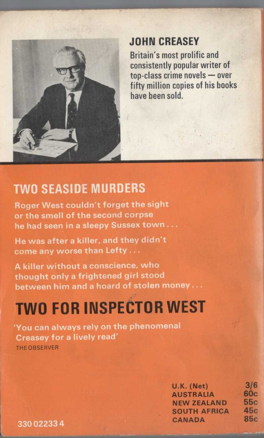 John Creasey  TWO FOR INSPECTOR WEST magnified rear book cover image