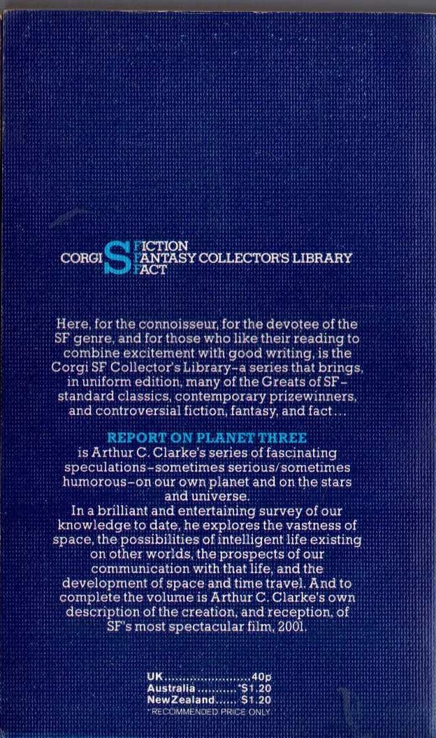 Arthur C. Clarke  REPORT ON PLANET THREE and other speculations magnified rear book cover image