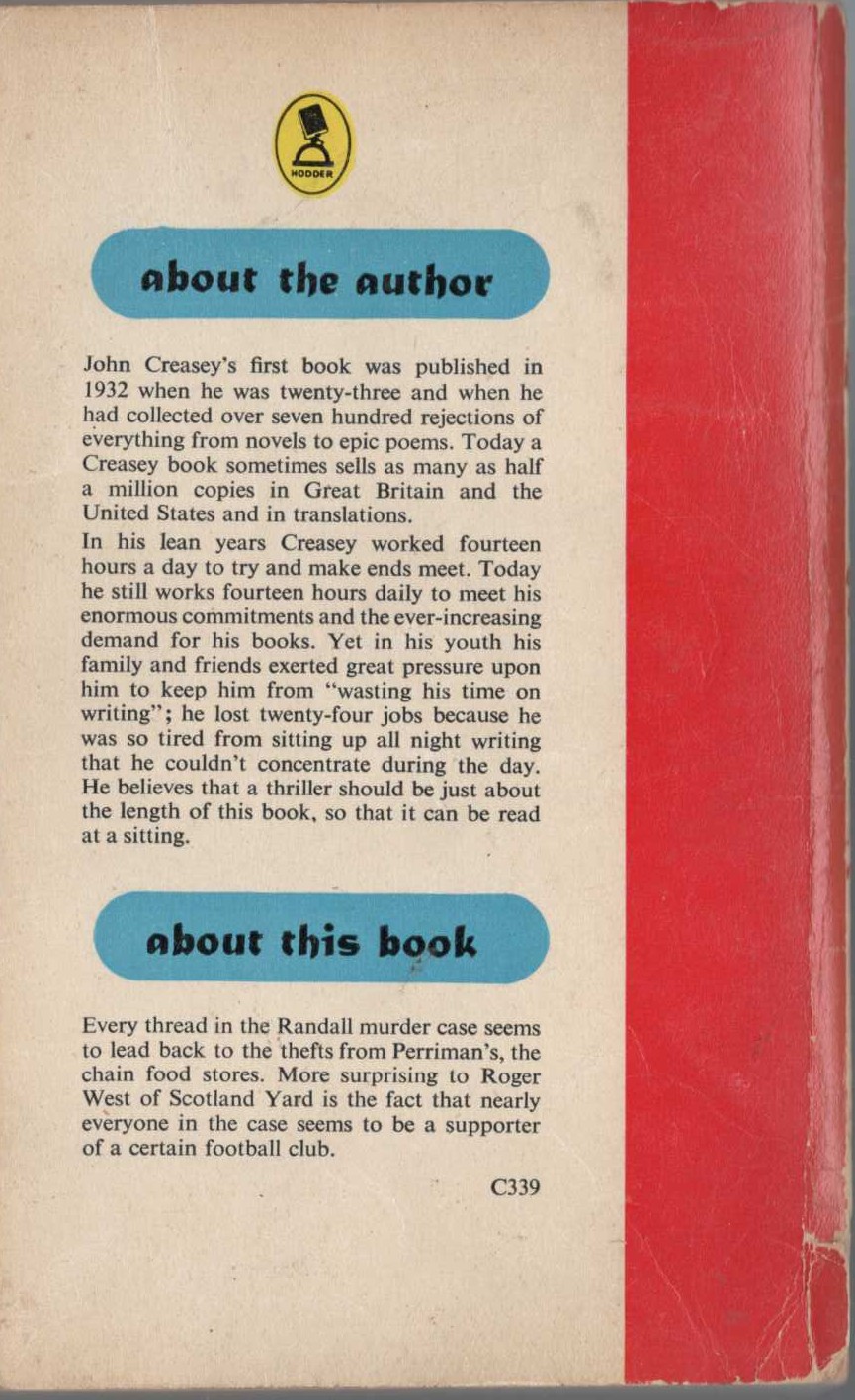 John Creasey  INSPECTOR WEST KICKS OFF magnified rear book cover image