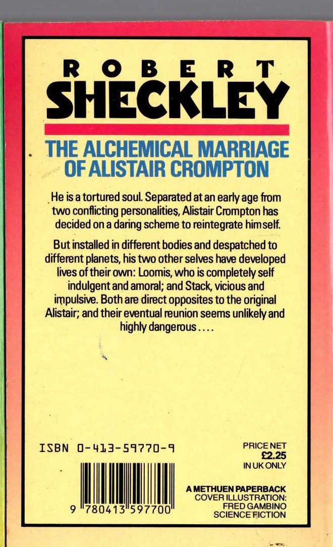 Robert Sheckley  THE ALCHEMICAL MARRIAGE OF ALISTAIR CROMPTON magnified rear book cover image
