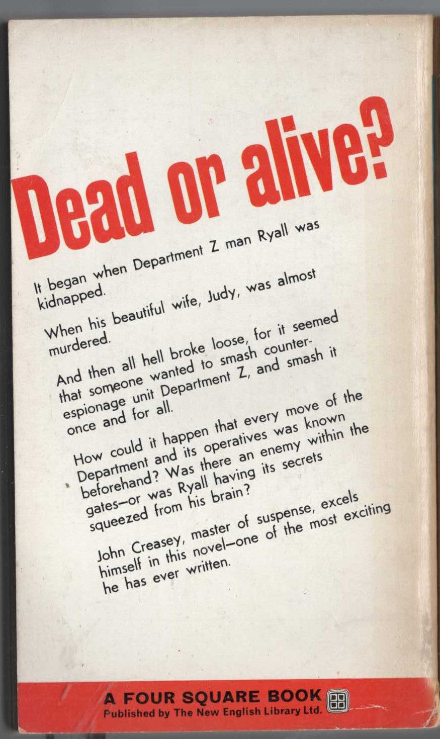 John Creasey  A KIND OF PRISONER (Department 'Z') magnified rear book cover image