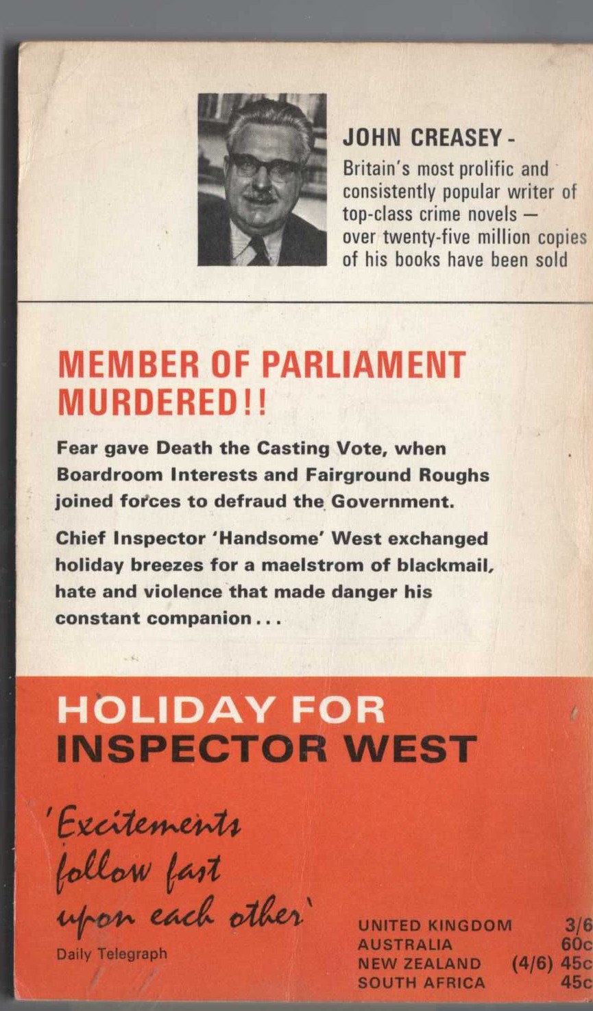 John Creasey  HOLIDAY FOR INSPECTOR WEST magnified rear book cover image