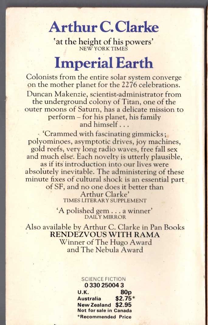 Arthur C. Clarke  IMPERIAL EARTH magnified rear book cover image