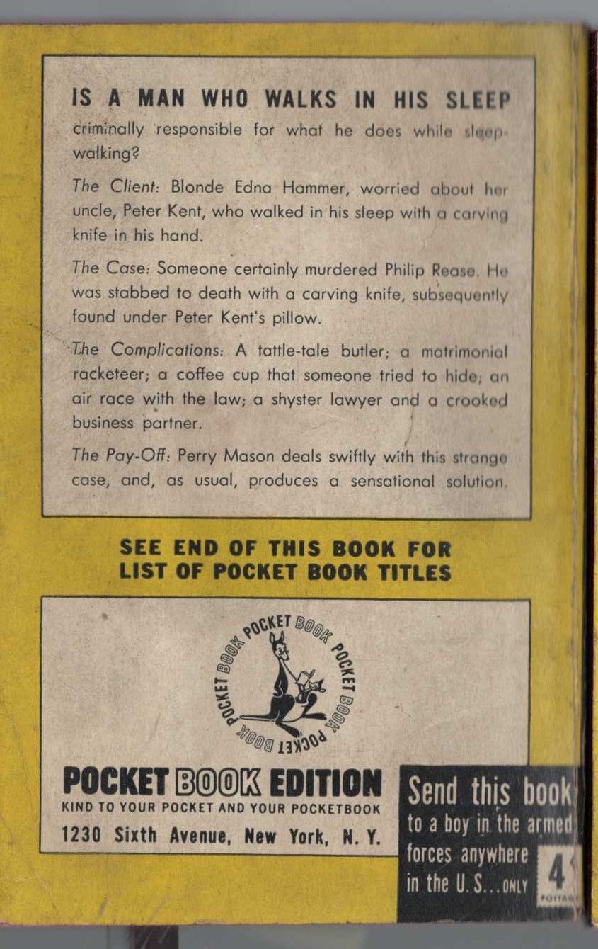 Erle Stanley Gardner  THE CASE OF THE SLEEPWALKER'S NIECE magnified rear book cover image