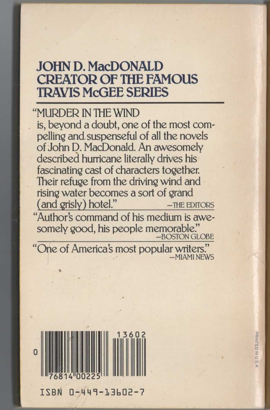 John D. MacDonald  MURDER IN THE WIND magnified rear book cover image