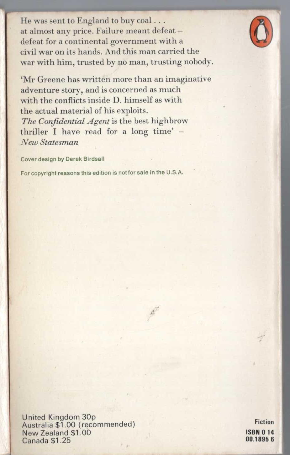 Graham Greene  THE CONFIDENTIAL AGENT magnified rear book cover image