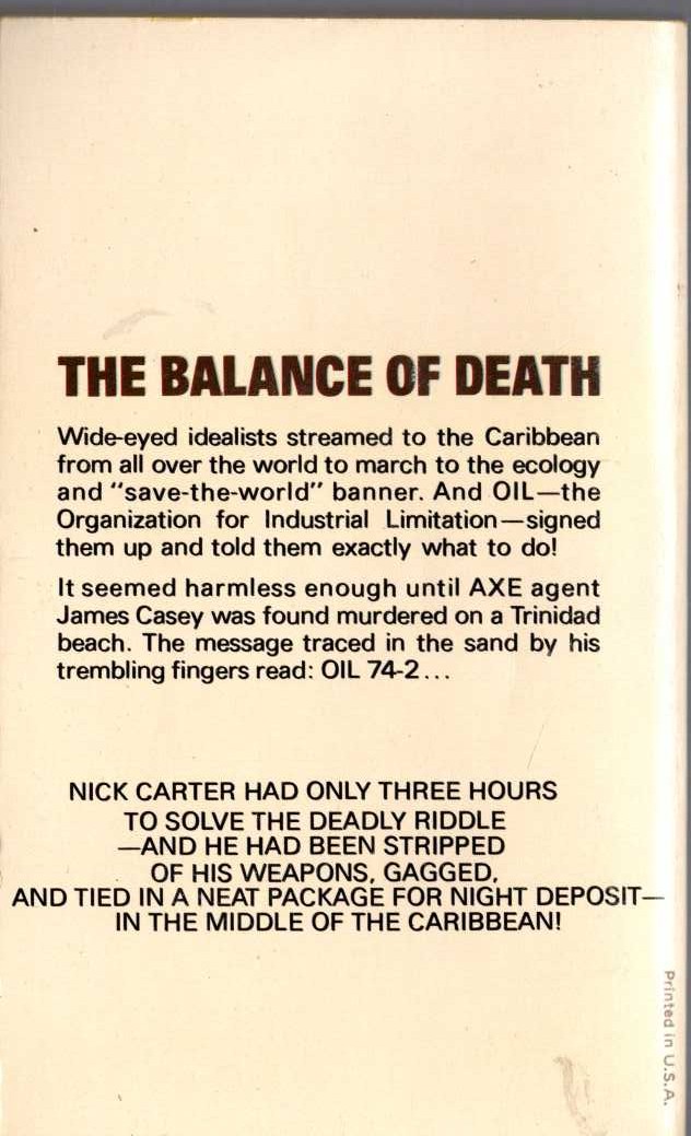 Nick Carter  DEATH MESSAGE: OIL 74-2 magnified rear book cover image