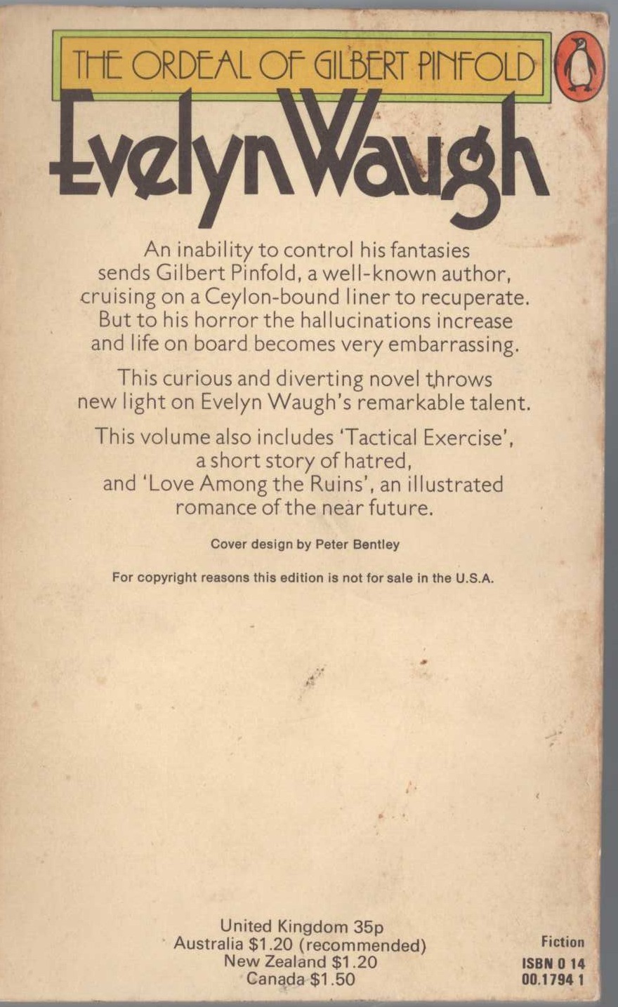 Evelyn Waugh  THE ORDEAL OF GILBERT PINFOLD magnified rear book cover image