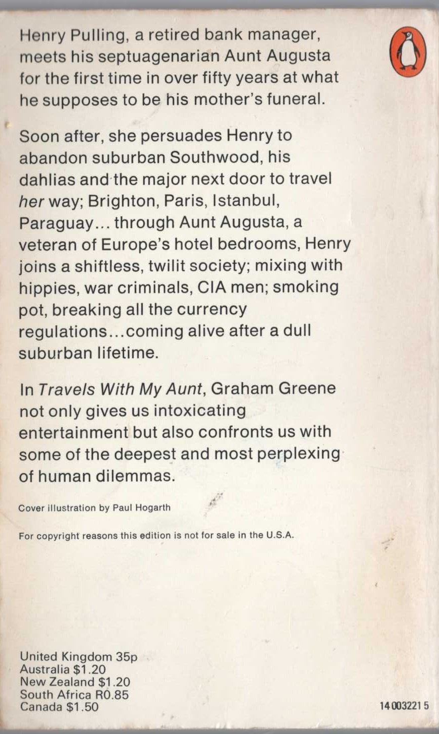 Graham Greene  TRAVELS WITH MY AUNT magnified rear book cover image