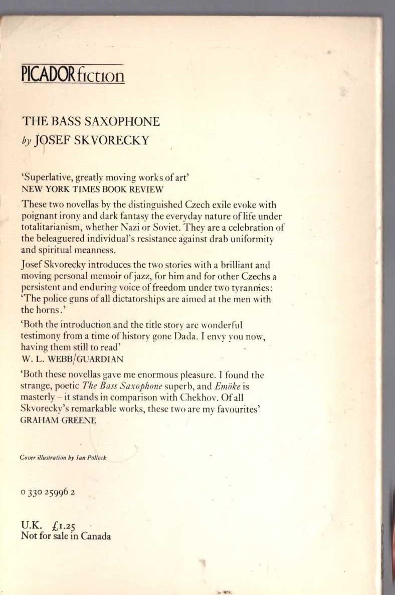 Josef Skvorecky  THE BASS SACOPHONE magnified rear book cover image