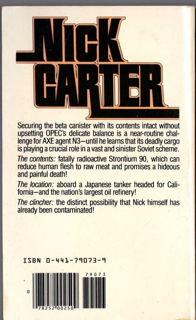 Nick Carter  THE STRONTIUM CIDE magnified rear book cover image