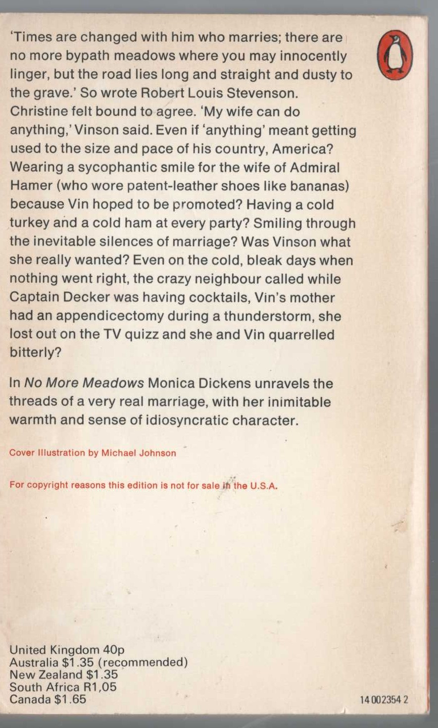 Monica Dickens  NO MORE MEADOWS magnified rear book cover image