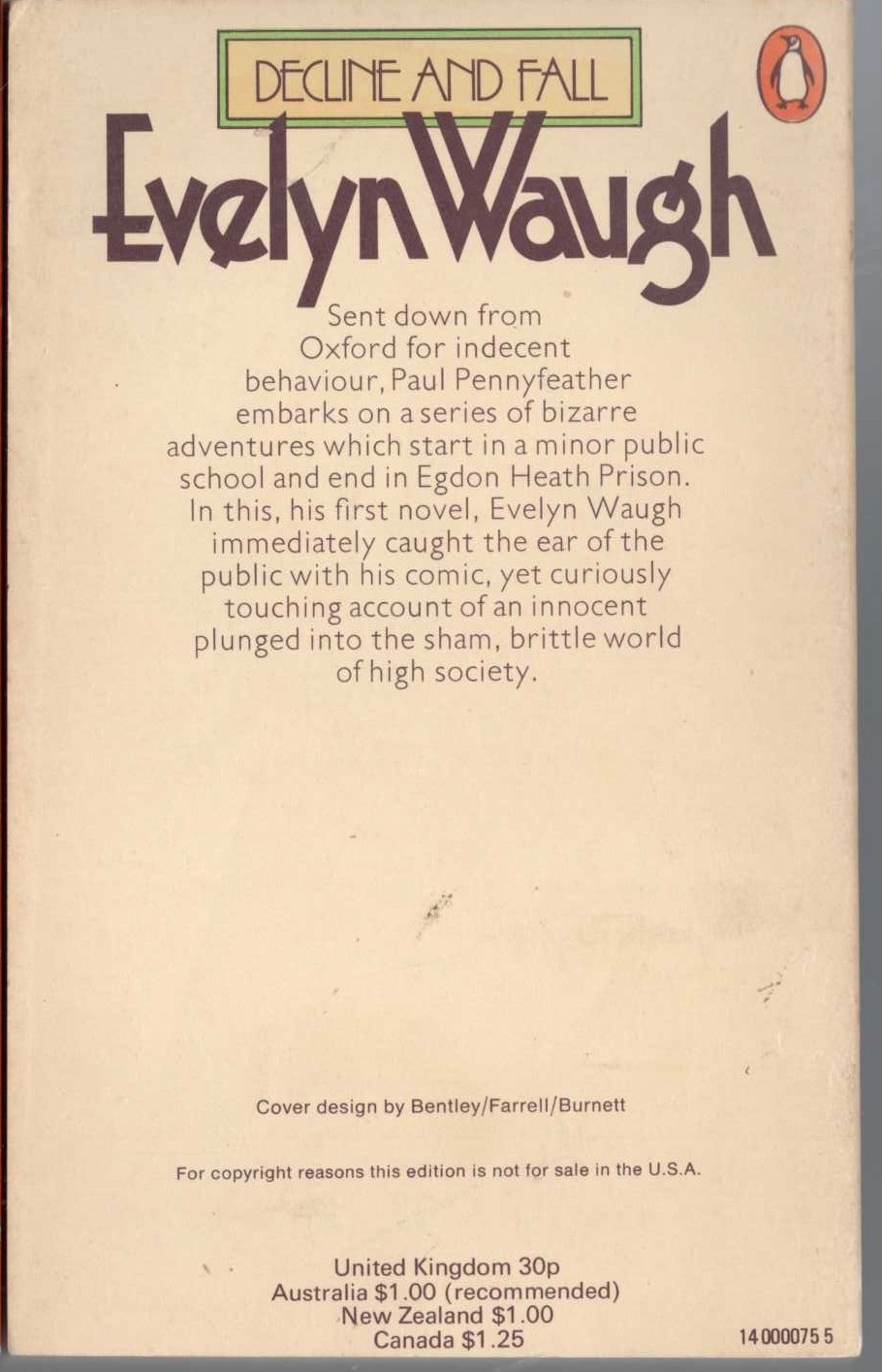 Evelyn Waugh  DECLINE AND FALL magnified rear book cover image